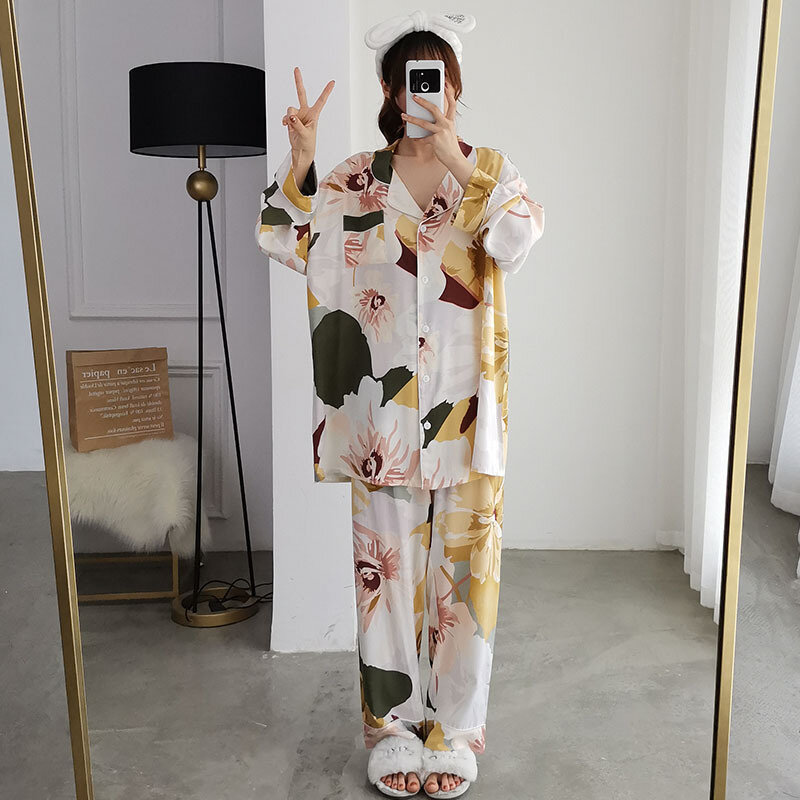 Пижамный комплект для женщин 4XL 5XL, весенний домашний костюм с принтом, женские брюки с длинным рукавом, домашняя одежда из двух предметов