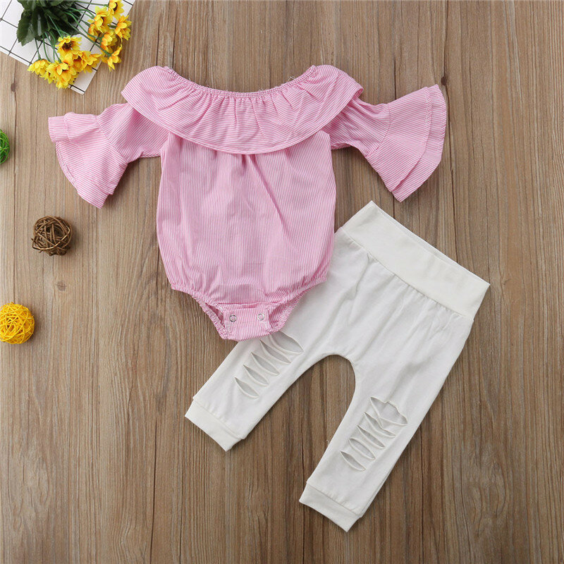 2 pçs do bebê meninas conjunto de roupas meninas fora do ombro macacão + branco rasgado calças jeans infantil rosa conjuntos roupas recém-nascidos