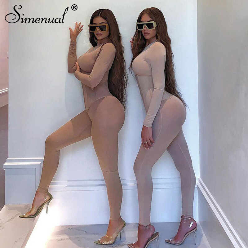 Simenual Corset Nude Bodycon Solid Jumpsuits Long Sleeve Fall 2021 Women Clothing Fashion Active Wear Casual Workout Jumpsuit
