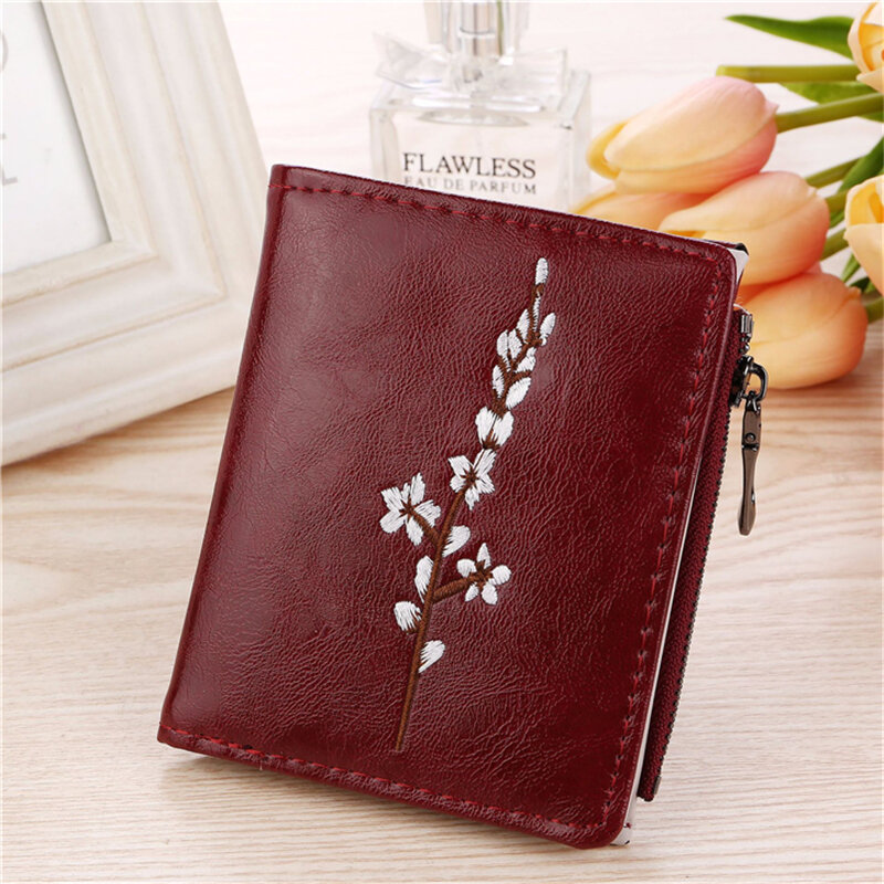 Women Purse Zipper Green Red Black Female Wallet PU Leather Card Holder Embroidery Ladies Money Bag