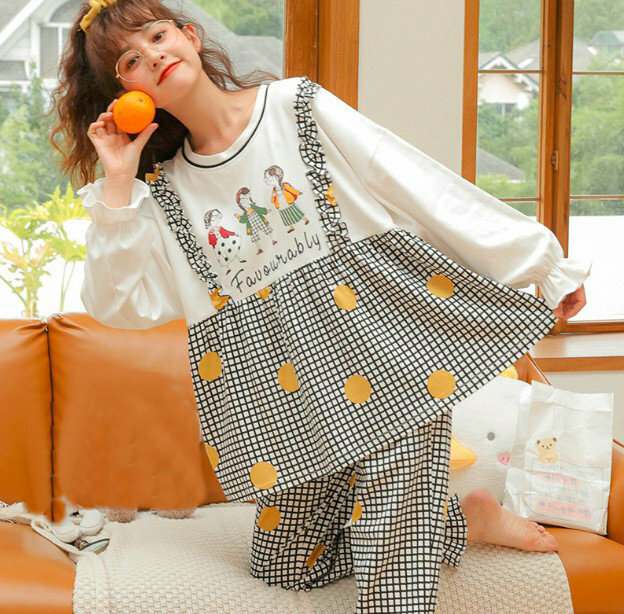 Set pigiama stampato Set pigiama in cotone nuovo autunno sciolto di grandi dimensioni ragazze traspiranti in stile coreano carne dolce alla moda Ins