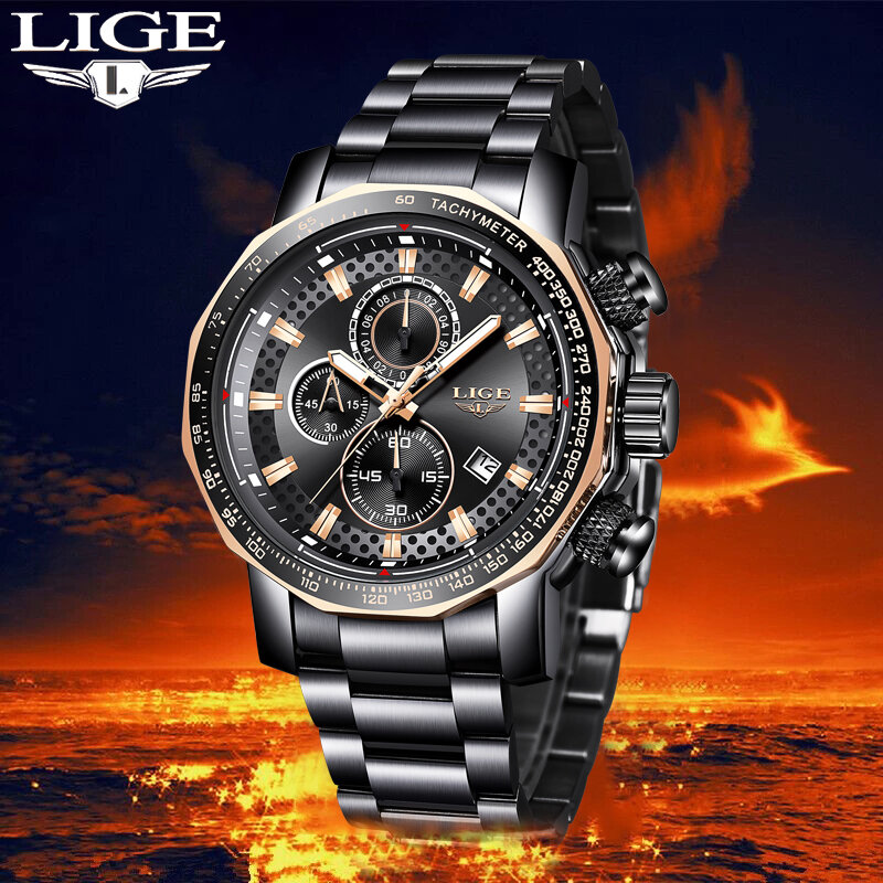 Часы наручные LIGE Мужские кварцевые, деловые брендовые модные водонепроницаемые полностью стальные, повседневные спортивные с датой, 2021