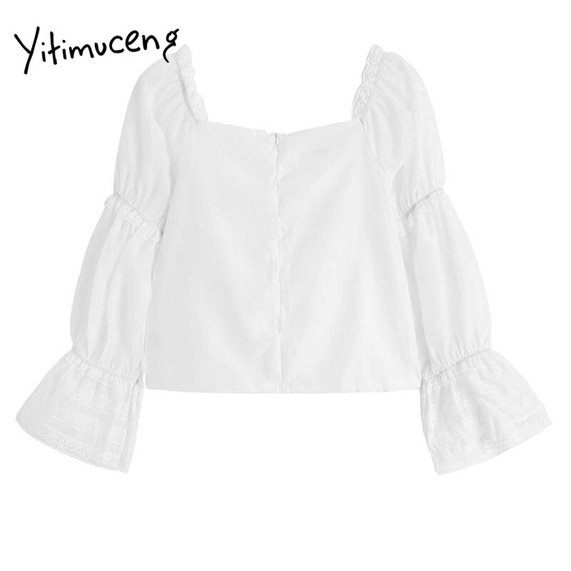 Yitimuceng arco blusa feminina zíper camisas oversize alargamento manga gola quadrada unicolor branco 2021 primavera verão moda topos