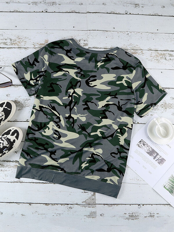4XL 5XL Plus Size Ladies Tops Women Summer Green Camo Print Round Neck Casual T-Shirt with Slits 2022 New Short Sleeve Tops