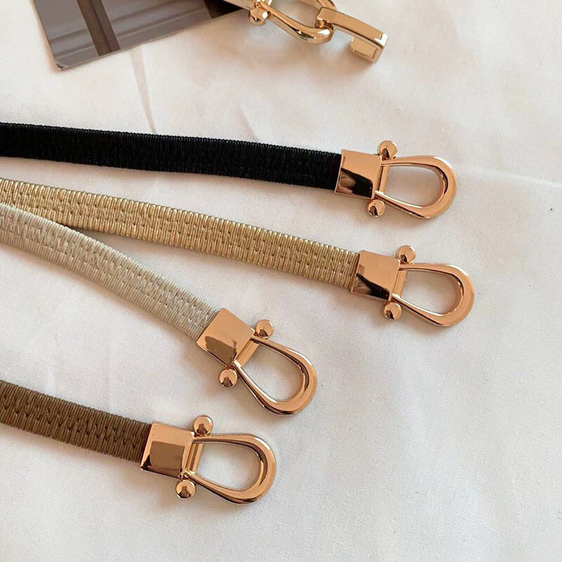 Cinturón de vestir simple y versátil para mujer, cinturón de cuero delgado de Metal dorado, hebilla elástica, accesorios de vestir