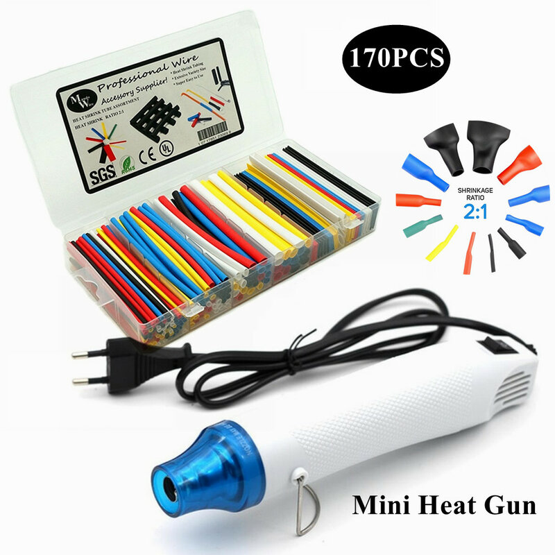 220V/110V  Handheld Mini Hot Air Gun 170PCS Heat Shrink Tube Assortment Shrink Ratio 2:1 Wrre Cable Sleeve Kit Drop Shopping