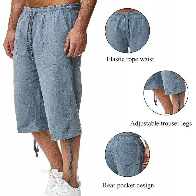 Men Cropped Trousers Fashion Summer Pants Casual Solid Drawstring Pants Elastic Waist Trousers Men's Cotton Linen Pants