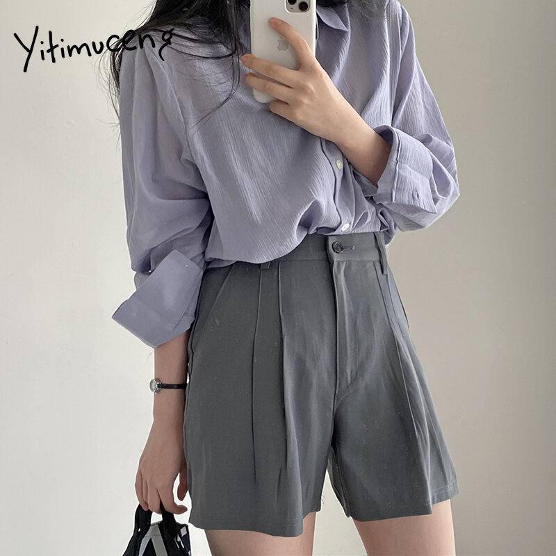 Yitimuceng Shirt Women Oversize Casual Streetwear Tops Korean Fashion Straight Blouse White Blue Gray Long Sleeve 2021 Summer