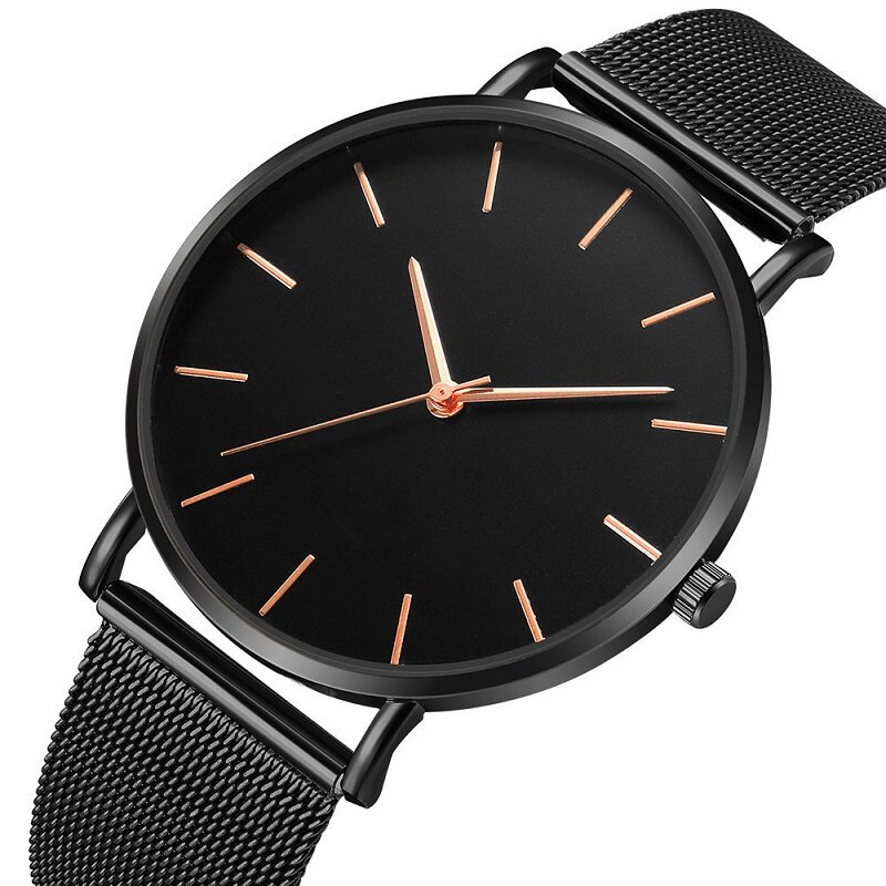 Relógio masculino luxuoso de malha ultrafina, aço inoxidável, preto, pulseira, relógios de pulso para homens