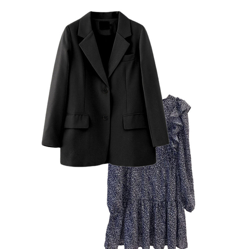 꽃 드레스 여성 정장 이른 가을 새로운 정장 코트 쉬폰 프릴 꽃 드레스 외국 스타일 노화 작은 투피스 양복
