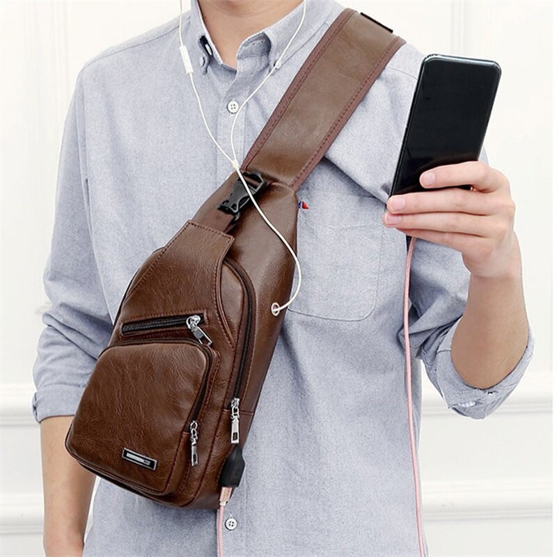 남성용 크로스 바디 체스트 허리 가방, USB 충전 헤드폰 플러그 가죽 숄더백, 대각선 패키지, 신제품