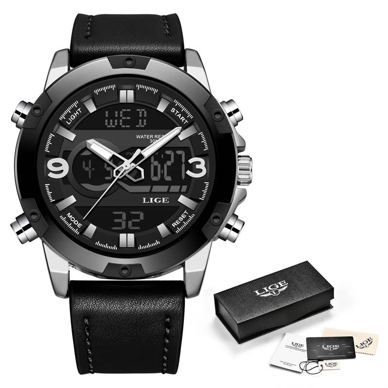 LIGE męskie zegarki Top luksusowa marka męskie sportowe zegarki wojskowe skórzane wodoodporne kwarcowy zegar cyfrowy Relogio Masculino