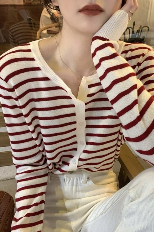 Striped Knitted Cardigan Women's 2021 New Early Autumn Korean Chic Thin Sweater Coat Long Sleeve Top