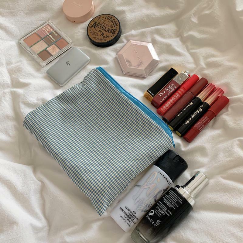 Tas Penyimpanan Cuci Kotak-kotak Klasik Tas Kosmetik Besar Tas Organiser Makeup Wanita Travel Kantung Kosmetik Casing Kecantikan Ritsleting Katun