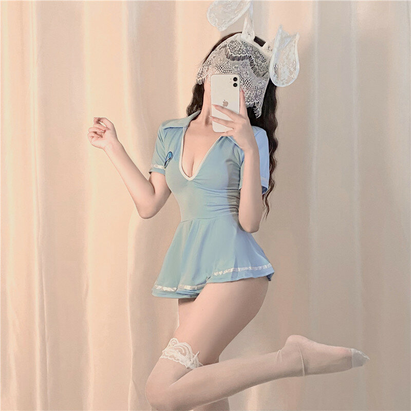 Mulher sexy lingerie sexy coelho menina cosplay saia de uma peça azul terno uniforme tentação roupas femininas sexo incluem meias