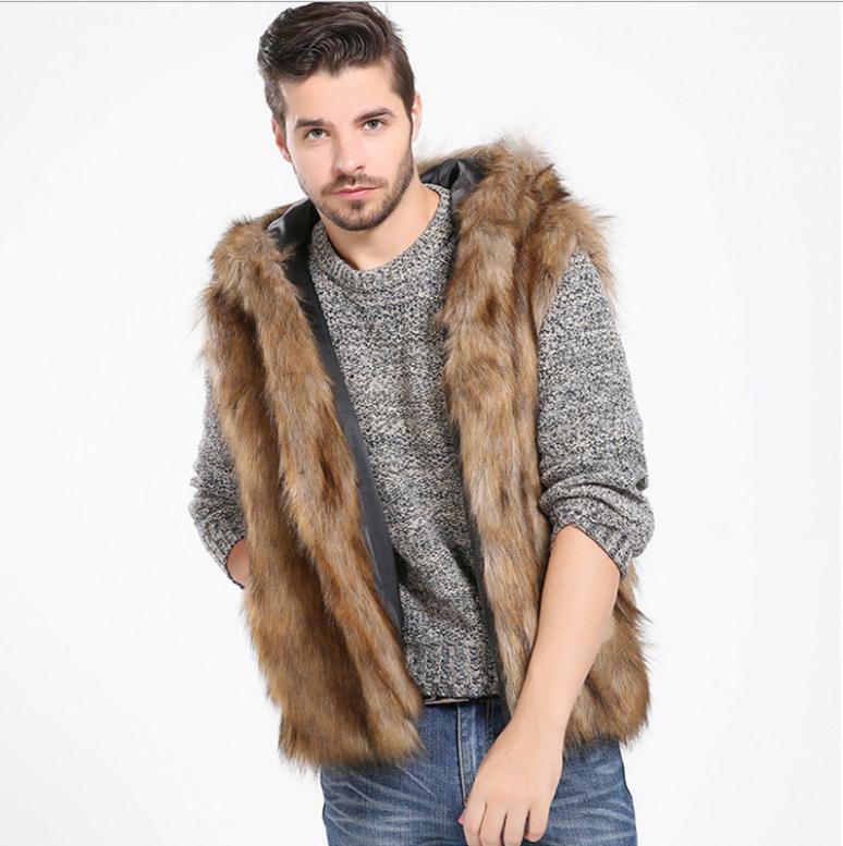 Men Winter Autumn Imitation Fur Sleeveless Jacket Hooded Large Size Male Fake Fur Vest Autumn Winter Man-Made Fur Vest K1289
