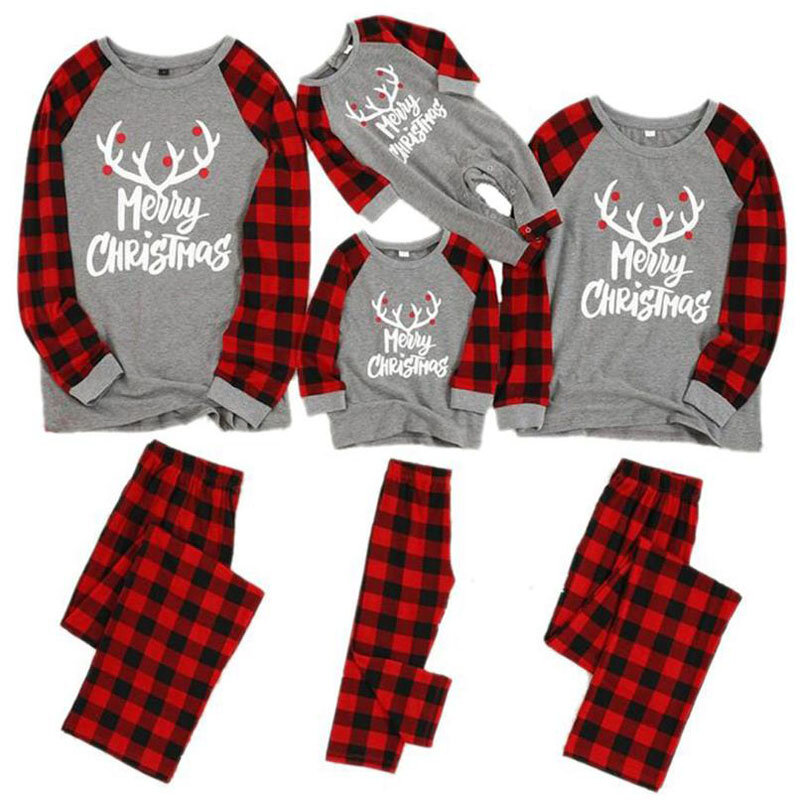 Christmas Family Matching Outfits Mother Daughter Pajamas Set Dad Son Baby Kids Elk Print Plaid Suit For Family Home Pajamas Set