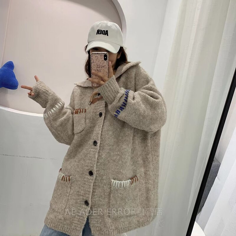 ADER ERROR 21 autumn and winter new high-quality Korean version of the simple lapel 1:1 patch embroidery loose knit coat unisex