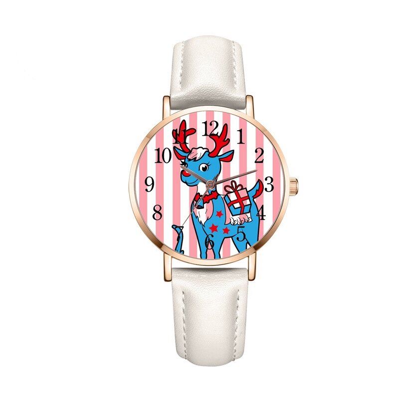 Chica nueva rayas Rosa Fawn cuarzo Digital Reloj de cuero de la mujer reloj de pulsera, regalo de Navidad