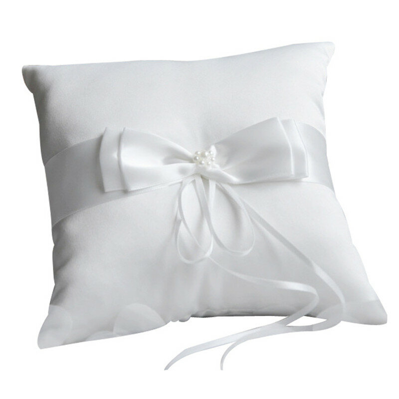 サテンの結婚式の儀式用ポケットリング枕クッションリボン装飾ダブルボウリボン真珠ロマンチックなリング枕