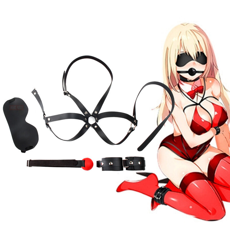 4pcs/Kit Napa Leather Bondage Restraints SM Set Erotic Slave Adult Games Mask Gag Handcuffs Fetish Corsets Sex Toys