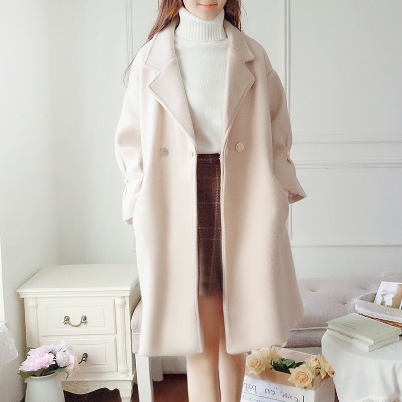 Kaszmirowy płaszcz płaszcz w stylu vintage Solid color jesienno-zimowa 2020 nowy elegancki płaszcz z wełny zimowe długie rękawy V Neck Coat Women 881F