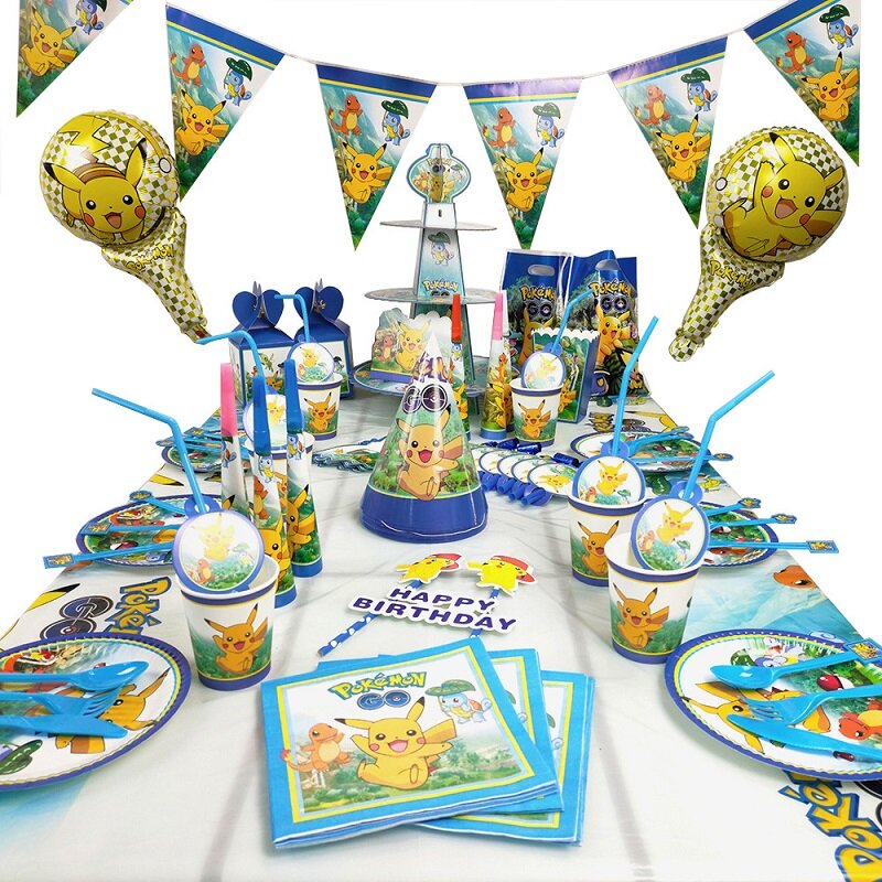 Pokémon誕生日パーティーの装飾ピカチュウパーティーテーマディナープレートテーブルクロスポップコーンカップわら子供の誕生日パーティー用品