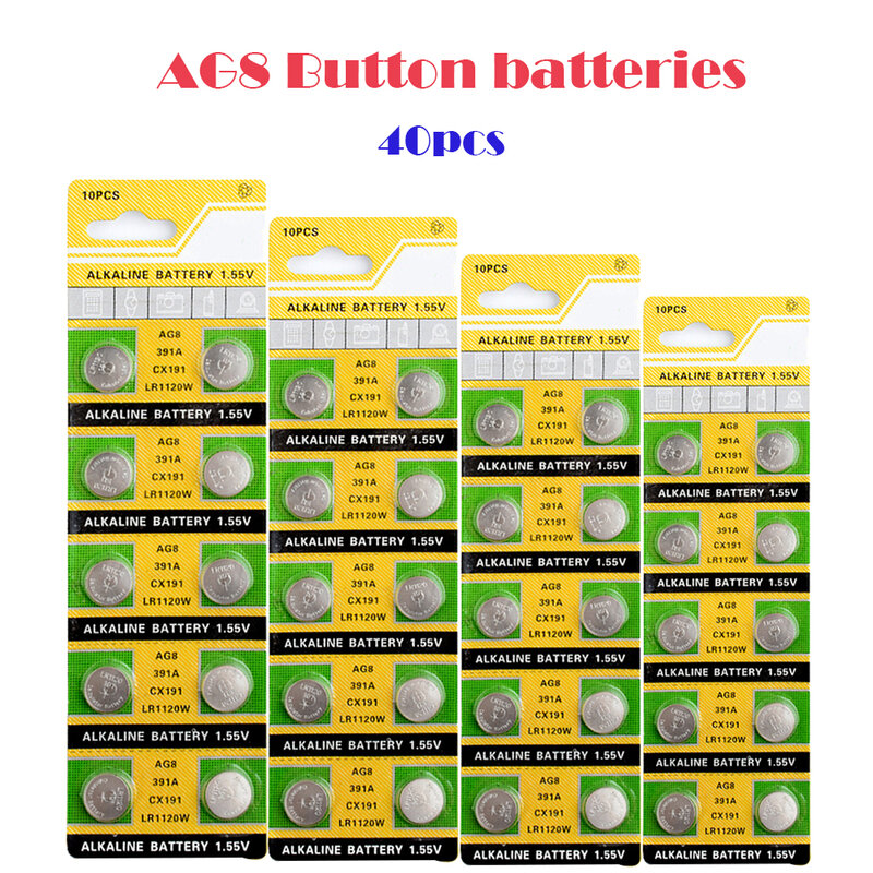 Batería alcalina de botón AG8 de 40 piezas, 45mAh, 1,55 V, 391 LR1120, SR1120, 191 LR1120W, LR55, CX191, para Control de juguetes y relojes, gran oferta