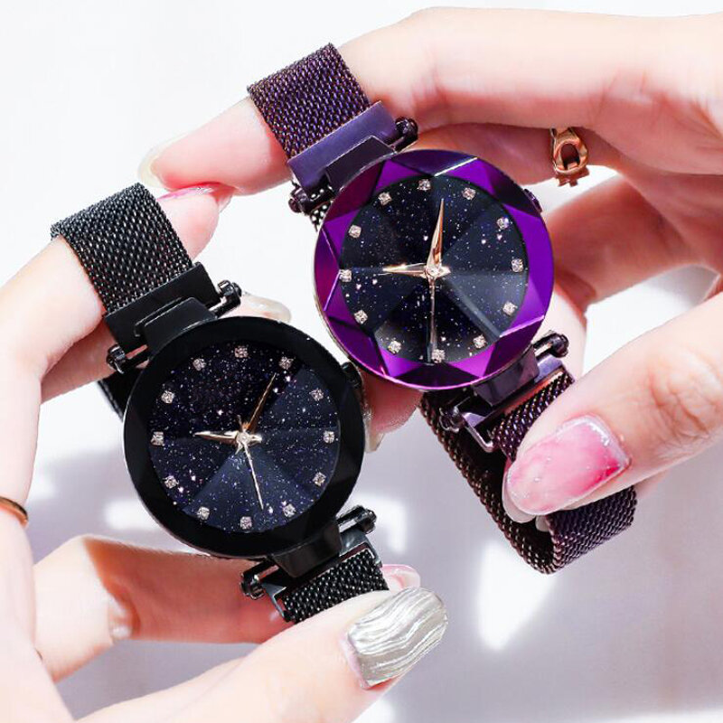 高級星空ステンレススチールメッシュブレスレット腕時計女性のためのクリスタルアナログクォーツ腕時計レディーススポーツドレス時計