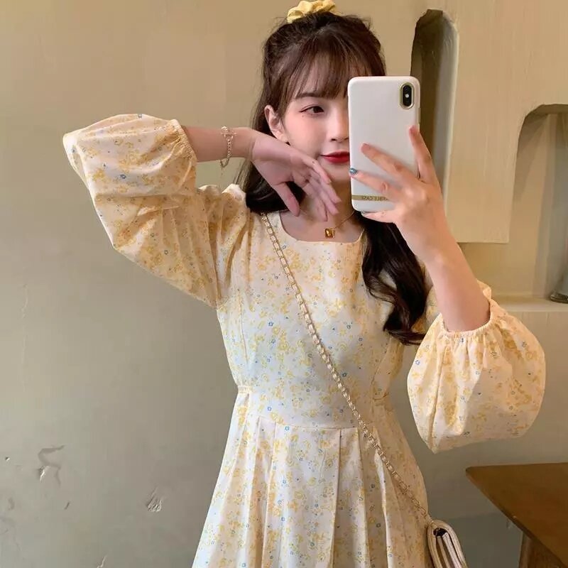 French Long Dresses Women Sweet Simple Fall Floral Chic Ladies Vestidos Korean Fashion Preppy Femme Long Sleeve Clothing A-Line