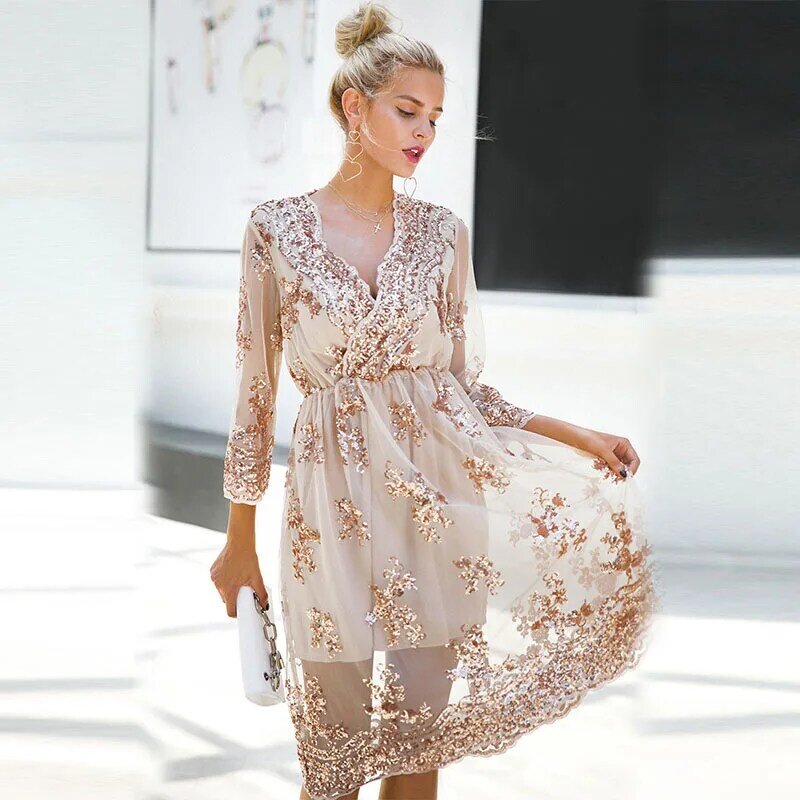 เซ็กซี่ลึก V คอลำลองหลวมดูผ่านตาข่ายยืดหยุ่นเอว Night ชุดราตรีผู้หญิง Elegant Sequined Midi ชุด