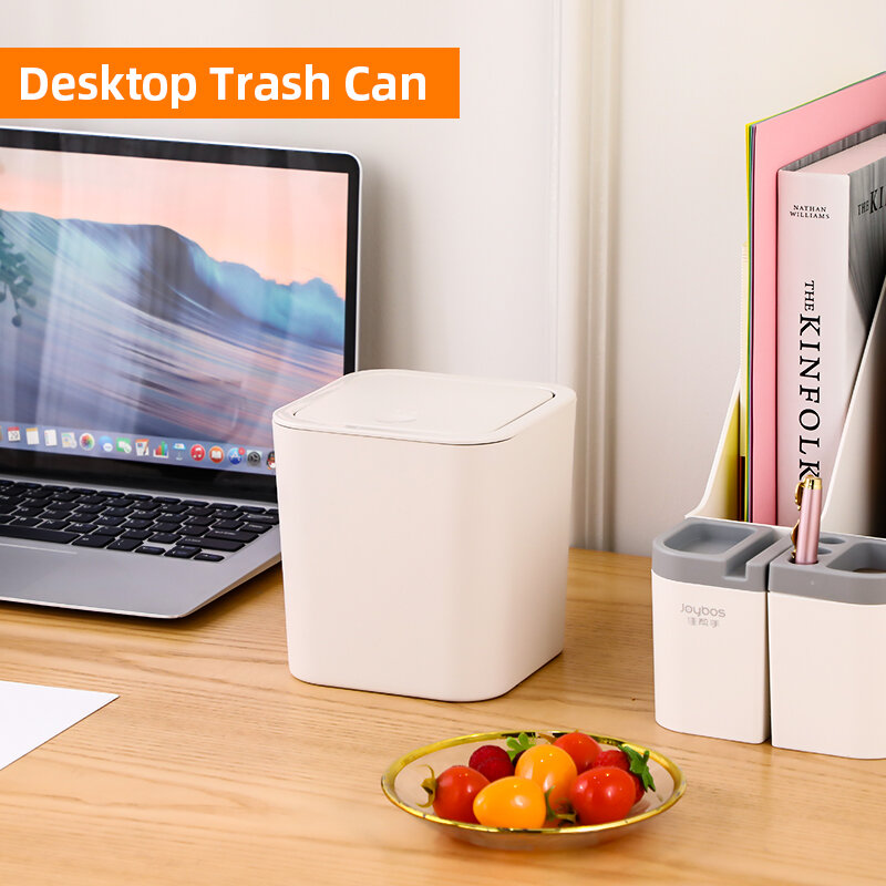 JOYBOS Tempat Sampah Desktop Kecil Indah Tahan Lama Cocok untuk Meja Dapur Rumah Kantor Kamar Tidur Mobil Keramik Putih Eksterior Selesai