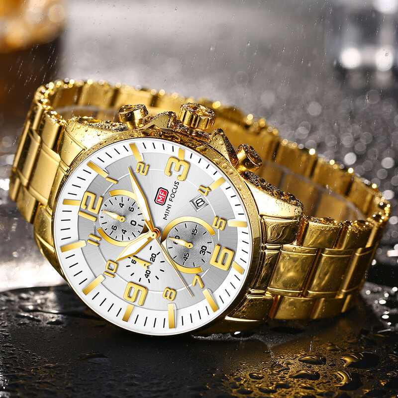 MINI นาฬิกา FOCUS Mens Luxury Gold นาฬิกา Chronograph นาฬิกา Pilot 1/10วินาที3 Dials สแตนเลส Relogio Masculino