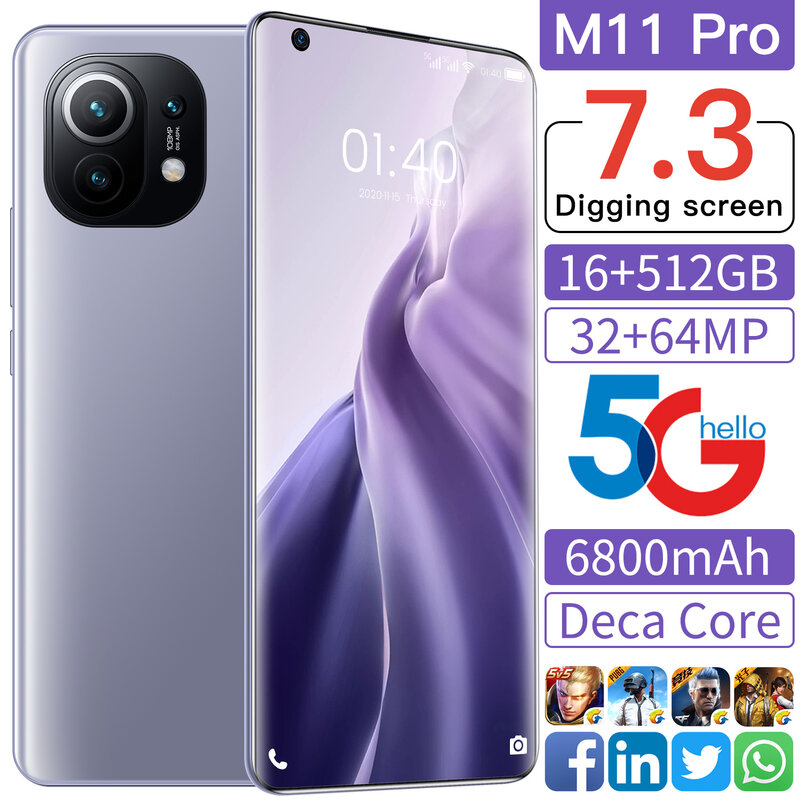 ใหม่ M11 Pro Global Version สมาร์ทโฟนเครือข่าย5G 7.3นิ้ว HD หน้าจอ Snapdragon 888 12G 512G 48MP กล้อง Face ID โทรศัพท์มือถือ