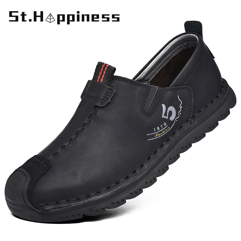 2022 Men Shoes Split Leather Casual Shoes Handmade Lace-up Men Loafers Comfort Walking Shoes Men Flats Moccasins Shoes BIg Szie