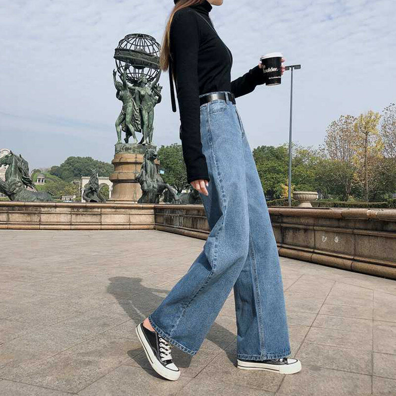Kobieta dżinsy wysokiej talii ubrania szerokie nogawki odzież dżinsowa niebieski Streetwear jakość w stylu Vintage 2020 jesień moda Harajuku proste spodnie