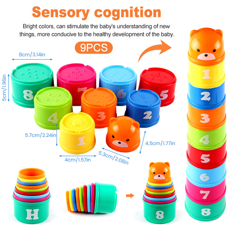 Taza de apilamiento para bebés, juguete de plástico con letras y números, actividades de aprendizaje, anidación, colorido, 9 Uds.