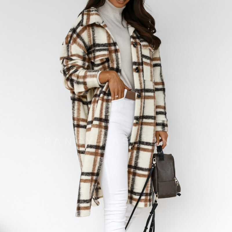 Jaket Hangat Wanita Kotak-kotak Musim Dingin 2021 Mantel Panjang Kotak-kotak Korea Mantel Longgar Wol Tebal Memadukan Streetwear Wanita Retro