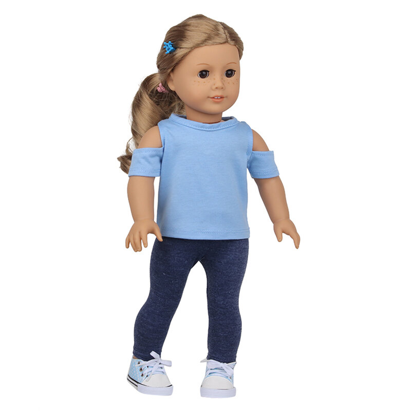 Roupas de boneca fashion com folha de lótus, camisa de ombro + jeans compatível com bebê, novo design americano e brinquedos de boneca rebron de 43cm, para meninas