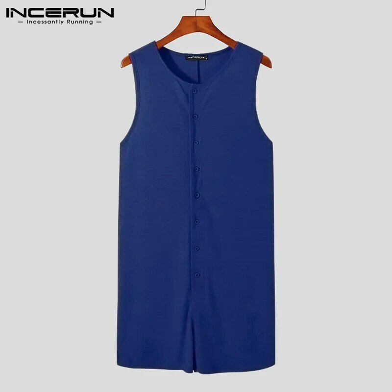 INCERUN Summer Men Pajamas Rompers Solid Color O Neck Sleeveless Homewear Jumpsuits Button Cozy Leisure Nightwear Men Playsuits
