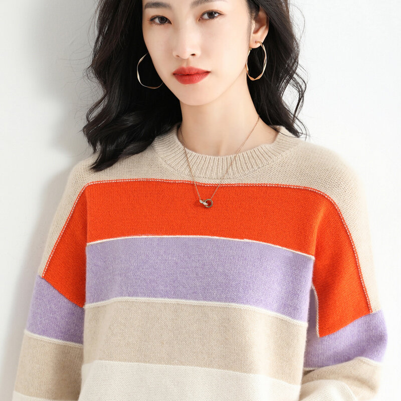 Versão coreana de cardigan feminino em torno do pescoço pulôver outono inverno exterior camisola solta preguiçoso estilo estudante malha listras arco-íris