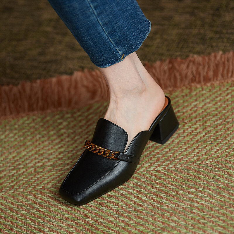Mulheres chinelos de metal corrente mulas moda feminina sapatos de salto baixo senhoras elegante chinelo mulher sandálias casuais ao ar livre slides 40