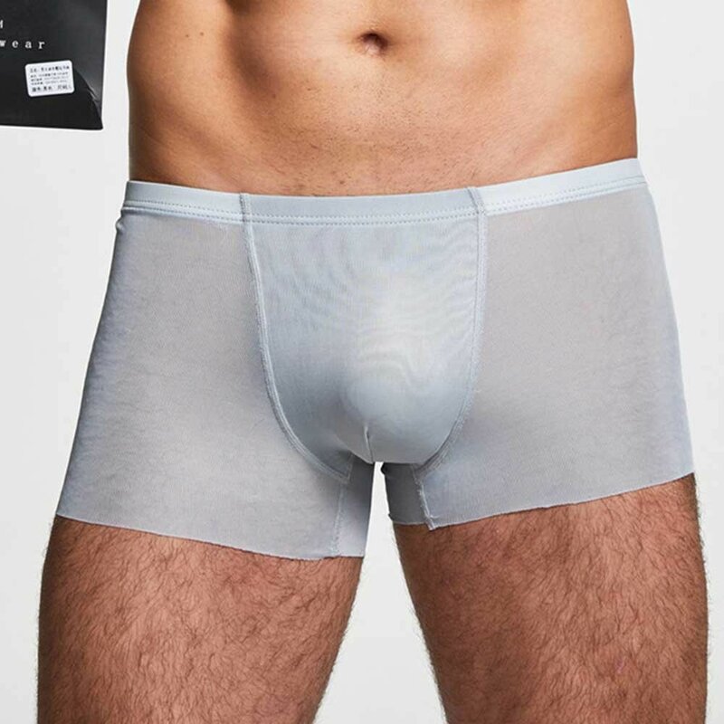 Men Sexy Ice Silk Seamless Boxer Briefs Mid Waist Breathable Underwear Pouch Shorts Trunks Underpants Natural High Quality 2021