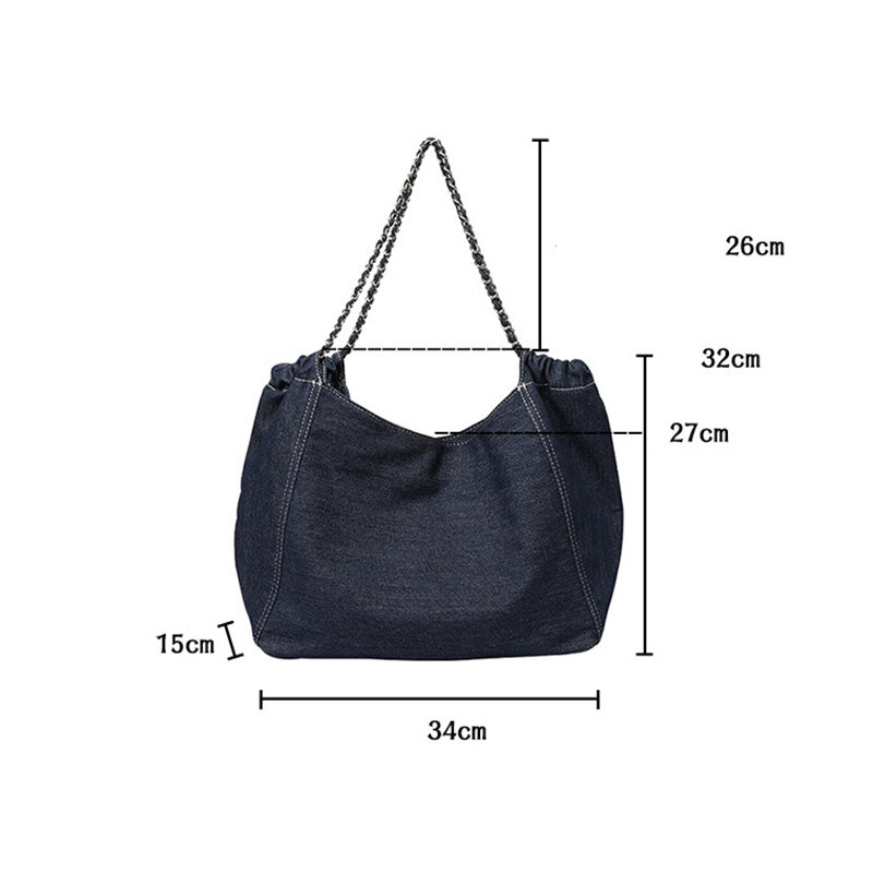 New large shoulder bag women's armpit bags leisure tote lazy wind denim purse with chain school bags for girls student college