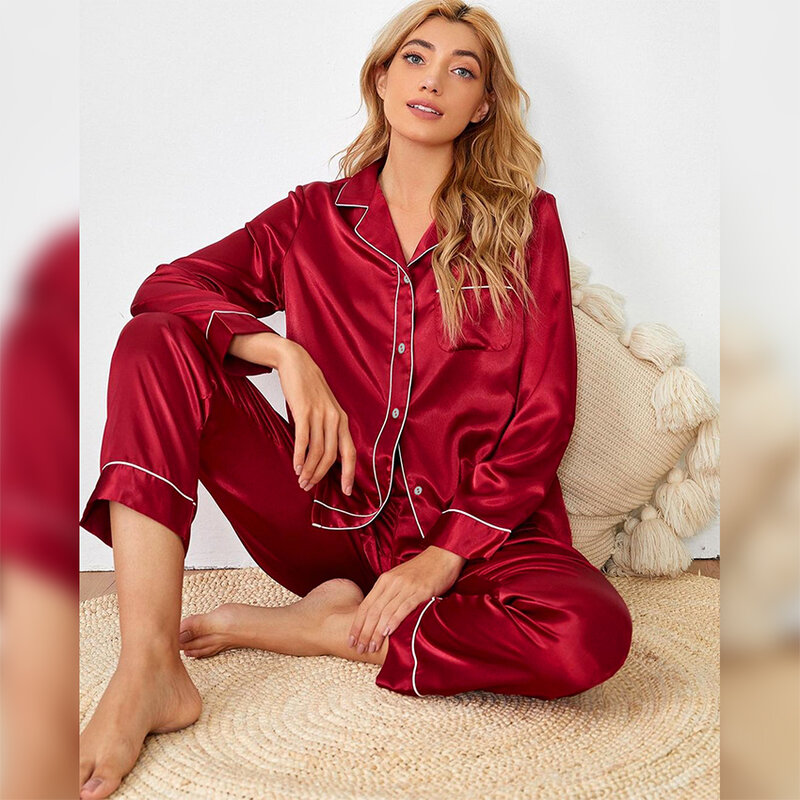 Hiloc vermelho pijamas turn down collar feminino pijamas ternos com calças de manga completa 2021 outono ternos de cetim camisola causal homewear
