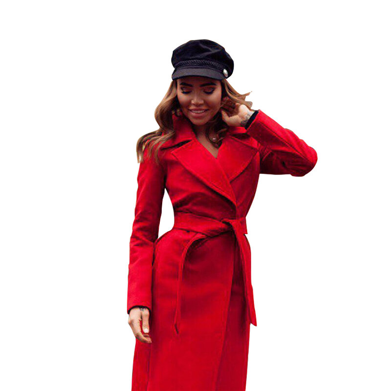 TAOVK Women's Jackets & Coats Medium-long Belt Wool & Blends Coat Turn-down Collar Solid Color Pockets Parka