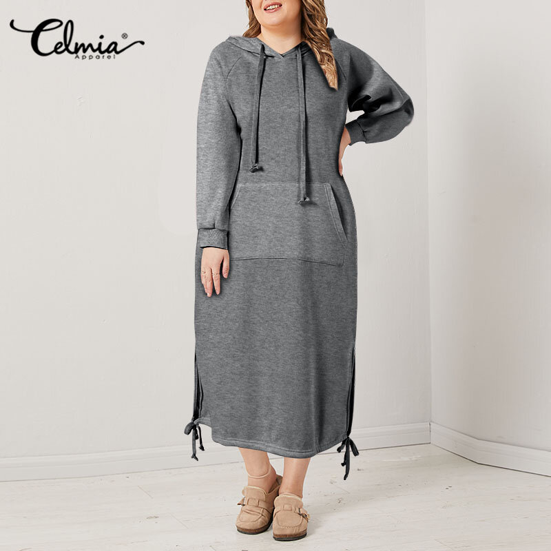 Celmia-vestido de otoño con capucha para mujer, ropa de talla grande, sudadera polar de manga larga, cálida, con cordón ajustable en el dobladillo, 2021