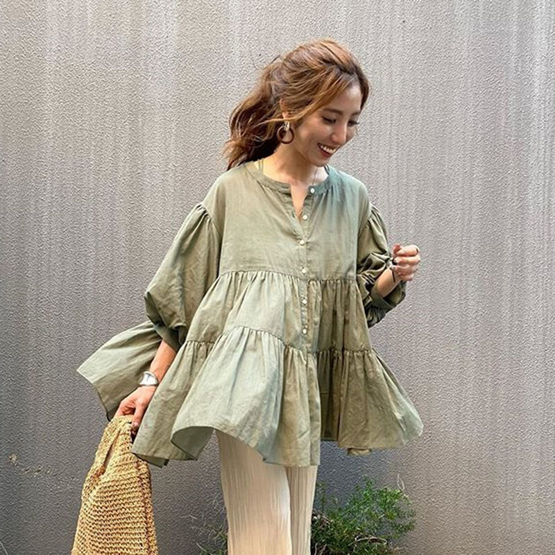 Japonês fresco das senhoras blusa solta casual street wear camisas estilo coreano sólido feminino topos 2020 outono moda nove pontos manga