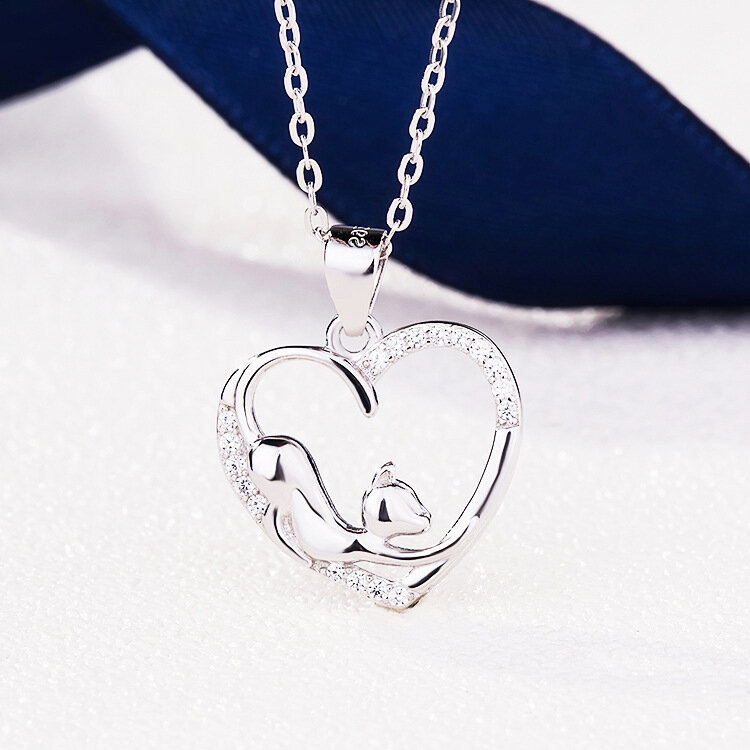 Sodrov colar de prata esterlina 925 com pingente de coração de animal fofo coração de gato romântico para mulheres joias 925 colar de prata