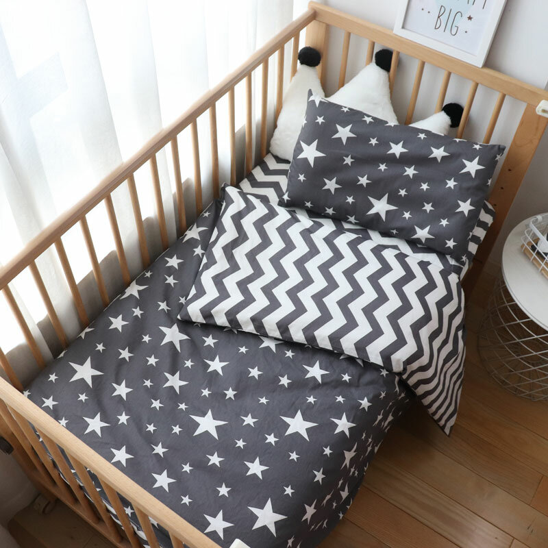 ชุดเครื่องนอนเด็ก3Pcs ชุดสำหรับทารกแรกเกิด Star รูปแบบเด็กผ้าปูที่นอนสำหรับ Boy ผ้าฝ้ายทอเครื่อง...